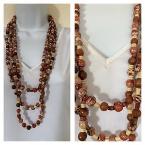 Artisan boho Asian inspired wood bead layered necklace